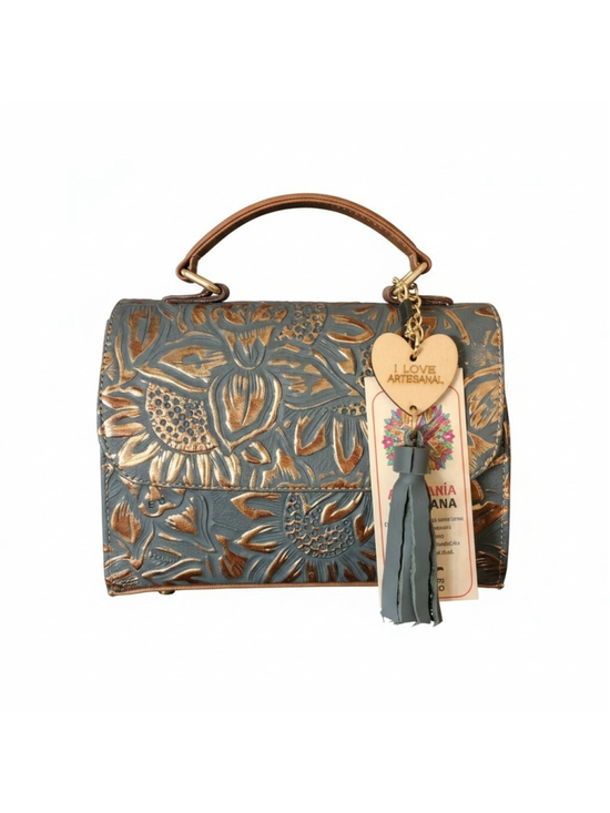 Unbranded Handbags - Grayish Navy Blue GOLD Sunflower Embossed Tooled Artisan Leather Crossbody Purse